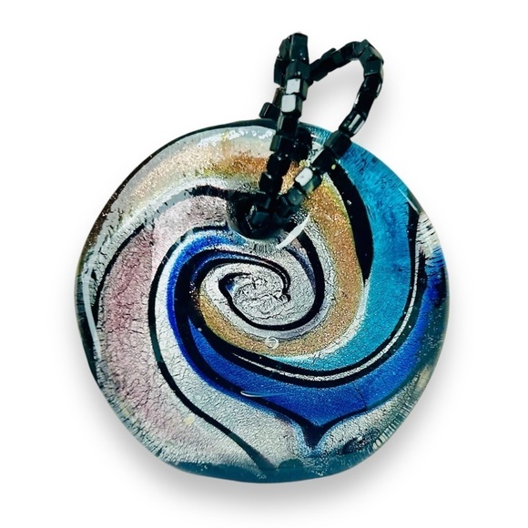 Jewelry - Vintage Cobalt Blue Fused Foil Art Glass Swirl Hand Blown Vortex Beaded Pendant
